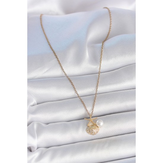316L Çelik Gold Renk Zincir Zirkon Taşlı Deniz Kabuğu Model İnci Detay Kadın Kolye - TJ-BKO10045