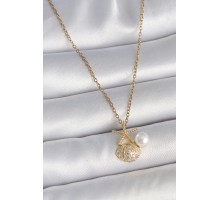 316L Çelik Gold Renk Zincir Zirkon Taşlı Deniz Kabuğu Model İnci Detay Kadın Kolye - TJ-BKO10045