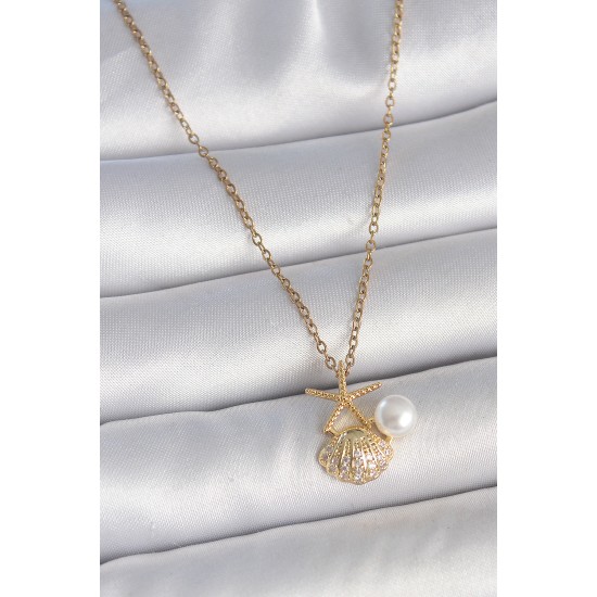 316L Çelik Gold Renk Zincir Zirkon Taşlı Deniz Kabuğu Model İnci Detay Kadın Kolye - TJ-BKO10045