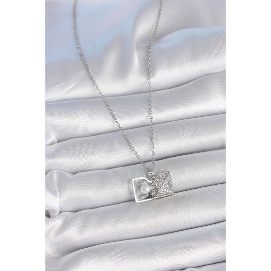 316L Çelik Gümüş Renk Zincir Zirkon Taşlı İncili Açılır Elmas Model Kadın Kolye - TJ-BKO10048