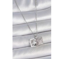 316L Çelik Gümüş Renk Zincir Zirkon Taşlı İncili Açılır Elmas Model Kadın Kolye - TJ-BKO10048