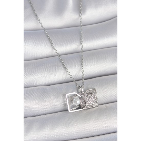 316L Çelik Gümüş Renk Zincir Zirkon Taşlı İncili Açılır Elmas Model Kadın Kolye - TJ-BKO10048