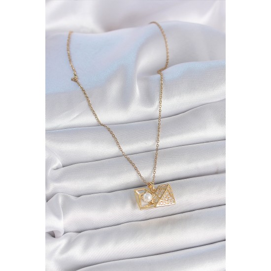 316L Çelik Gold Renk Zincir Zirkon Taşlı Açılır İncili Elmas Model Kadın Kolye - TJ-BKO10049