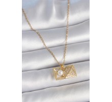 316L Çelik Gold Renk Zincir Zirkon Taşlı Açılır İncili Elmas Model Kadın Kolye - TJ-BKO10049