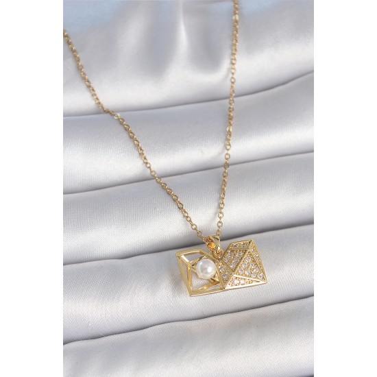 316L Çelik Gold Renk Zincir Zirkon Taşlı Açılır İncili Elmas Model Kadın Kolye - TJ-BKO10049