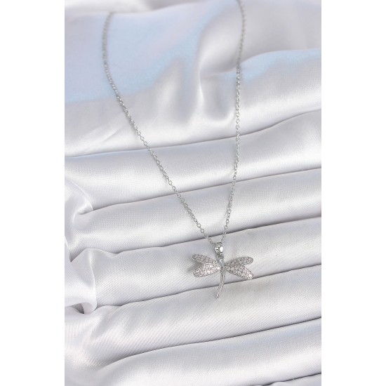 316L Çelik Gümüş Renk Zincir Zirkon Taşlı Yusufçuk Model Kadın Kolye - TJ-BKO10050