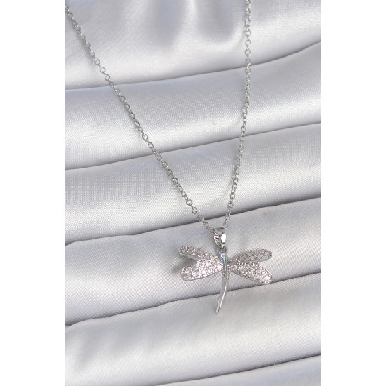 316L Çelik Gümüş Renk Zincir Zirkon Taşlı Yusufçuk Model Kadın Kolye - TJ-BKO10050