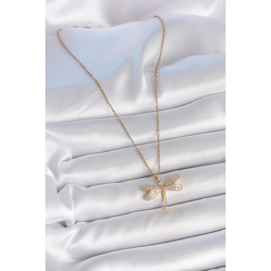 316L Çelik Gold Renk Zincir Zirkon Taşlı Yusufçuk Model Kadın Kolye - TJ-BKO10051