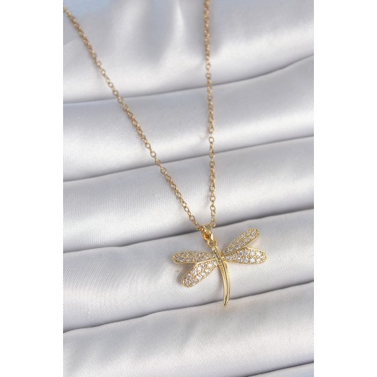 316L Çelik Gold Renk Zincir Zirkon Taşlı Yusufçuk Model Kadın Kolye - TJ-BKO10051