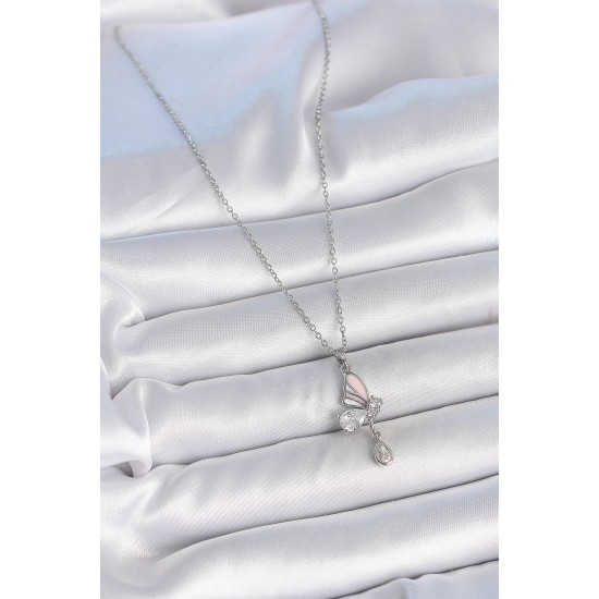 316L Çelik Gümüş Renk Zincir Damla Zirkon Taşlı Kelebek Model Sallantı Detay Kadın Kolye - TJ-BKO10052