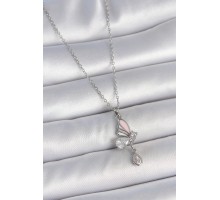 316L Çelik Gümüş Renk Zincir Damla Zirkon Taşlı Kelebek Model Sallantı Detay Kadın Kolye - TJ-BKO10052