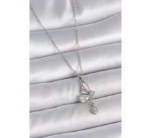 316L Çelik Gümüş Renk Zincir Damla Zirkon Taşlı Kelebek Model Sallantı Detay Kadın Kolye - TJ-BKO10052