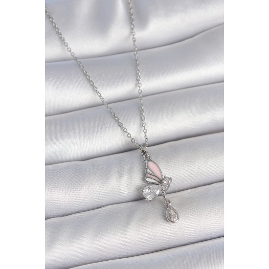316L Çelik Gümüş Renk Zincir Damla Zirkon Taşlı Kelebek Model Sallantı Detay Kadın Kolye - TJ-BKO10052