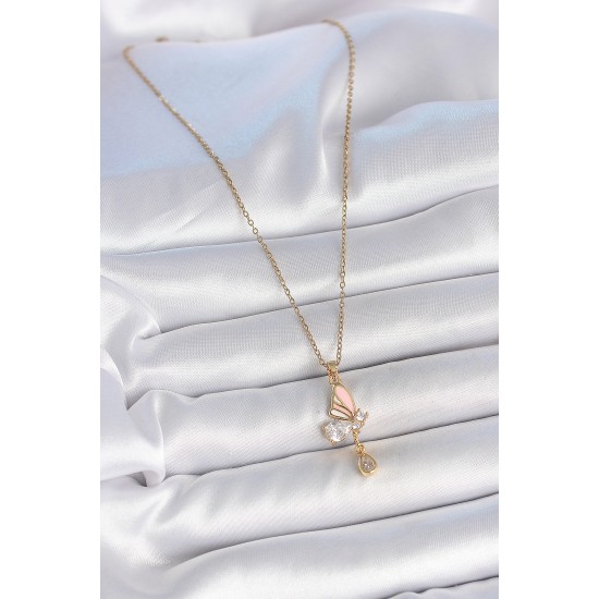 316L Çelik Gold Renk Zincir Damla Zirkon Taşlı Kelebek Model Sallantı Detay Kadın Kolye - TJ-BKO10053