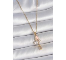 316L Çelik Gold Renk Zincir Damla Zirkon Taşlı Kelebek Model Sallantı Detay Kadın Kolye - TJ-BKO10053