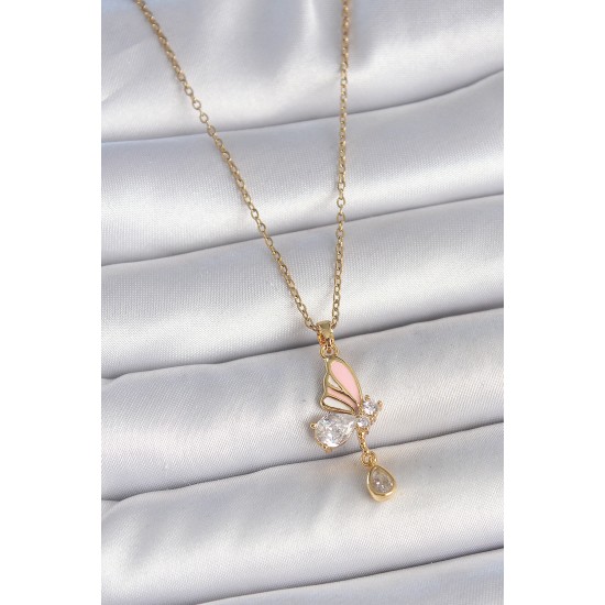 316L Çelik Gold Renk Zincir Damla Zirkon Taşlı Kelebek Model Sallantı Detay Kadın Kolye - TJ-BKO10053