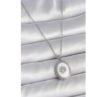 316L Çelik Gümüş Renk Beyaz Mineli Güneş İşlemeli Nazar Boncuk Detay Madalyon Model Kadın Kolye - TJ-BKO10054