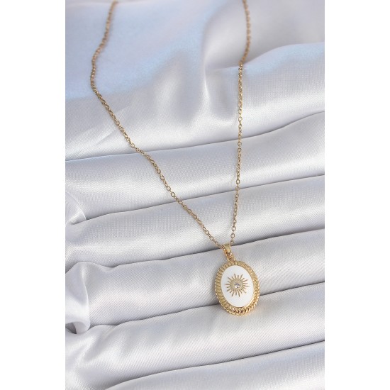 316L Çelik Gold Renk Zincir Beyaz Mineli Güneş İşlemeli Zirkon Taş Detaylı Madalyon Model Kadın Kolye - TJ-BKO10055