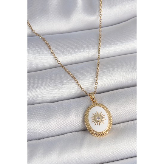 316L Çelik Gold Renk Zincir Beyaz Mineli Güneş İşlemeli Zirkon Taş Detaylı Madalyon Model Kadın Kolye - TJ-BKO10055