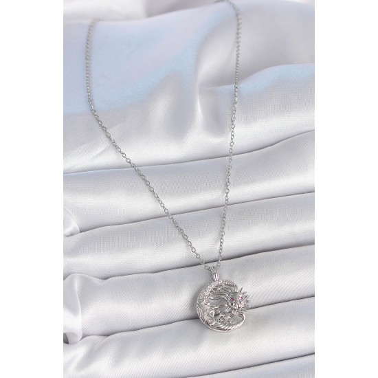 316L Çelik Gümüş Renk Zincir Ay Güneş Model Zirkon Taş Detay Kadın Kolye - TJ-BKO10056