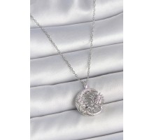 316L Çelik Gümüş Renk Zincir Ay Güneş Model Zirkon Taş Detay Kadın Kolye - TJ-BKO10056