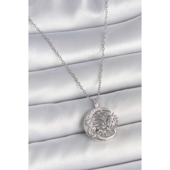 316L Çelik Gümüş Renk Zincir Ay Güneş Model Zirkon Taş Detay Kadın Kolye - TJ-BKO10056