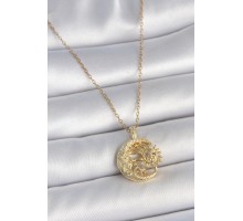 316L Çelik Gold Renk Zincir Ay Güneş Model Zirkon Taş Detaylı Kadın Kolye - TJ-BKO10057