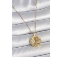 316L Çelik Gold Renk Zincir Ay Güneş Model Zirkon Taş Detaylı Kadın Kolye - TJ-BKO10057