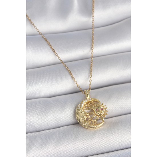 316L Çelik Gold Renk Zincir Ay Güneş Model Zirkon Taş Detaylı Kadın Kolye - TJ-BKO10057