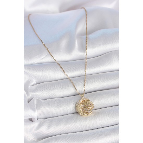 316L Çelik Gold Renk Zincir Ay Güneş Model Zirkon Taş Detaylı Kadın Kolye - TJ-BKO10057