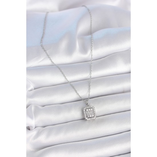 316L Çelik Gümüş Renk Zincir Kare Zirkon Taşlı Kadın Kolye - TJ-BKO10058