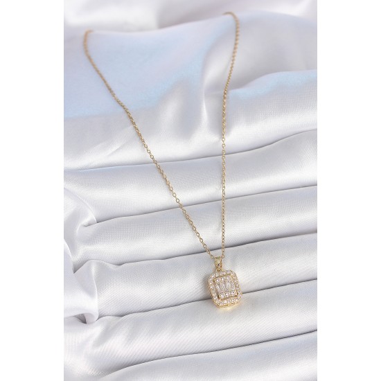 316L Çelik Gold Renk Zincir Kare Zirkon Taş Model Kadın Kolye - TJ-BKO10059