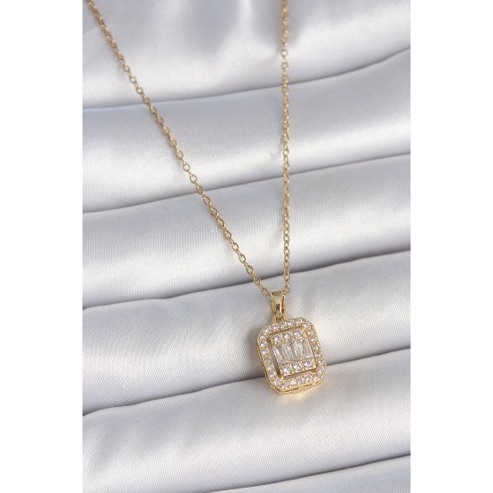 316L Çelik Gold Renk Zincir Kare Zirkon Taş Model Kadın Kolye - TJ-BKO10059