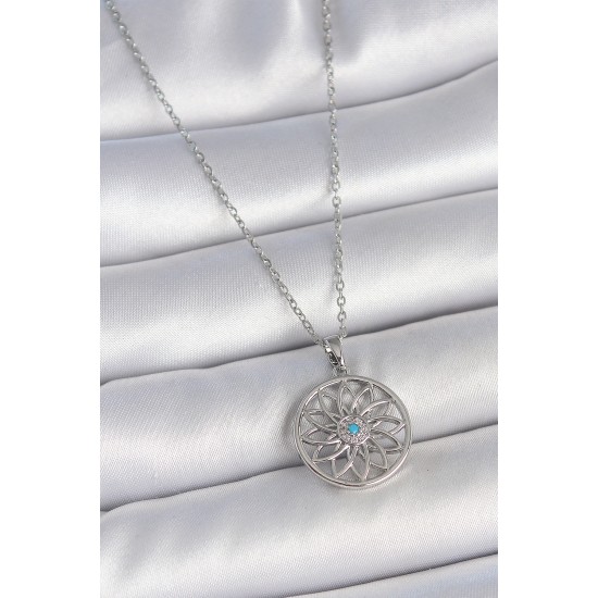 316L Çelik Gümüş Renk Zincir Mavi Taşlı Lotus Model Kadın Kolye - TJ-BKO10060