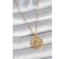 316L Çelik Gold Renk Zincr Mavi Taşlı Lotus Model Kadın Kolye - TJ-BKO10061