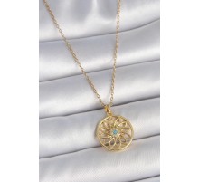 316L Çelik Gold Renk Zincr Mavi Taşlı Lotus Model Kadın Kolye TJ-BKO10061