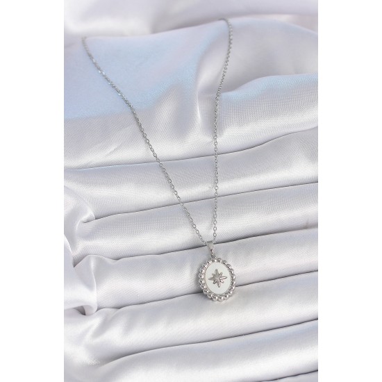 316L Çelik Gümüş Renk Zincir Beyaz Mineli Kutup Yıldız İşlemeli Madalyon Model Kadın Kolye - TJ-BKO10062