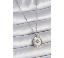 316L Çelik Gümüş Renk Zincir Beyaz Mineli Kutup Yıldız İşlemeli Madalyon Model Kadın Kolye - TJ-BKO10062