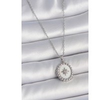 316L Çelik Gümüş Renk Zincir Beyaz Mineli Kutup Yıldız İşlemeli Madalyon Model Kadın Kolye - TJ-BKO10062