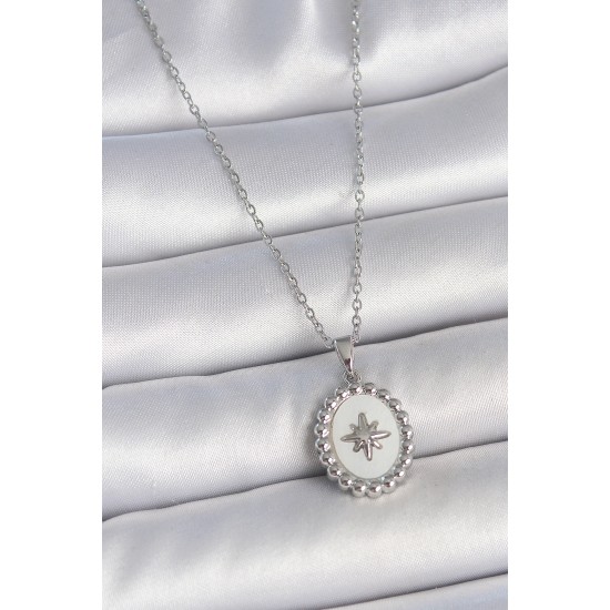 316L Çelik Gümüş Renk Zincir Beyaz Mineli Kutup Yıldız İşlemeli Madalyon Model Kadın Kolye - TJ-BKO10062