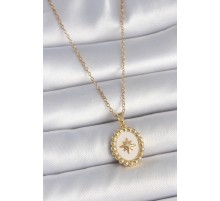 316L Çelik Gold Renk Zincir Beyaz Mineli Kutup Yıldız İşlemeli Madalyon Model Kadın Kolye - TJ-BKO10063