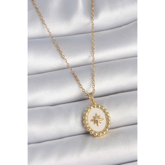 316L Çelik Gold Renk Zincir Beyaz Mineli Kutup Yıldız İşlemeli Madalyon Model Kadın Kolye - TJ-BKO10063