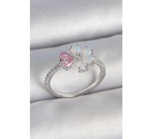 Pirinç Gümüş Renk Beyaz Mineli Pembe Zirkon Taşlı Çiçek Model Kadın Yüzük - TJ-BYK3708