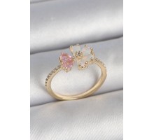 Pirinç Gold Renk Beyaz Mineli Pembe Zirkon Taşlı Çiçek Model Kadın Yüzük - TJ-BYK3709