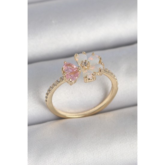 Pirinç Gold Renk Beyaz Mineli Pembe Zirkon Taşlı Çiçek Model Kadın Yüzük - TJ-BYK3709