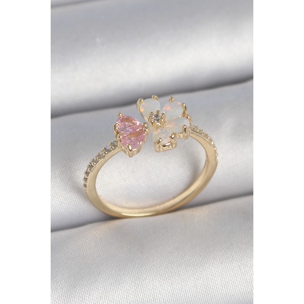 Pirinç Gold Renk Beyaz Mineli Pembe Zirkon Taşlı Çiçek Model Kadın Yüzük - TJ-BYK3709