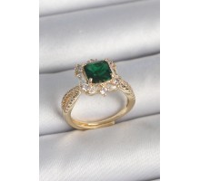 Pirinç Gold Renk Zirkon Taşlı Yeşil Kare Tektaş Model Kadın Yüzük - TJ-BYK3711