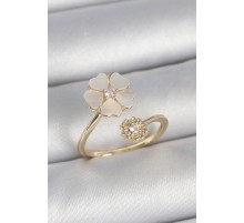 Pirinç Gold Renk Beyaz Mineli Çiçek Model Zirkon Taş Detay Kadın Yüzük - TJ-BYK3713