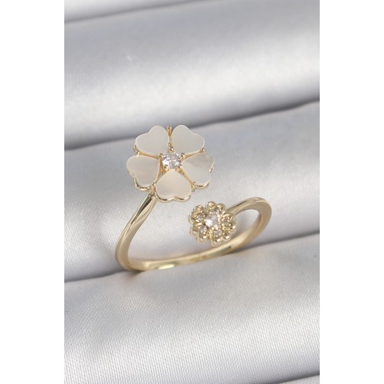 Pirinç Gold Renk Beyaz Mineli Çiçek Model Zirkon Taş Detay Kadın Yüzük - TJ-BYK3713