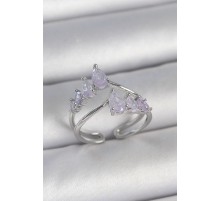 Pirinç Gümüş Renk Mor Damla Zirkon Taşlı Taç Model Kadın Yüzük - TJ-BYK3714